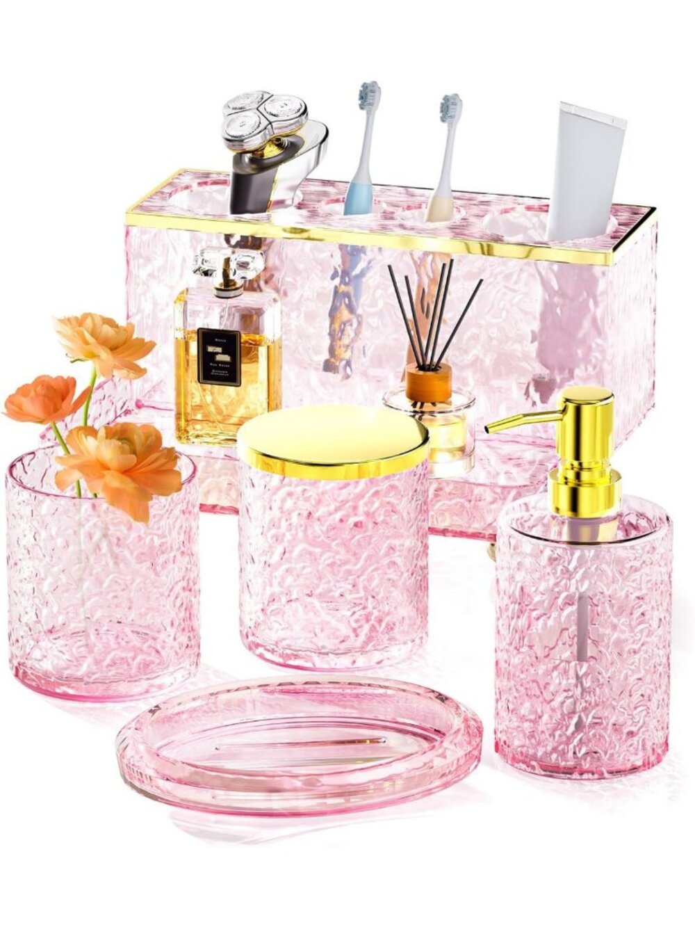 Chic Pink Bathroom Accessories Set, 5-Piece Glass & Acrylic Decor for Sink